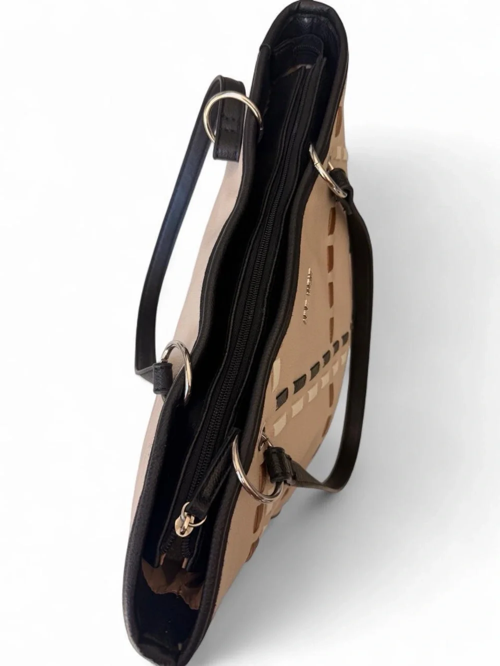 Nine West Beige Plaid Tote with Black Trim and Brown Accents